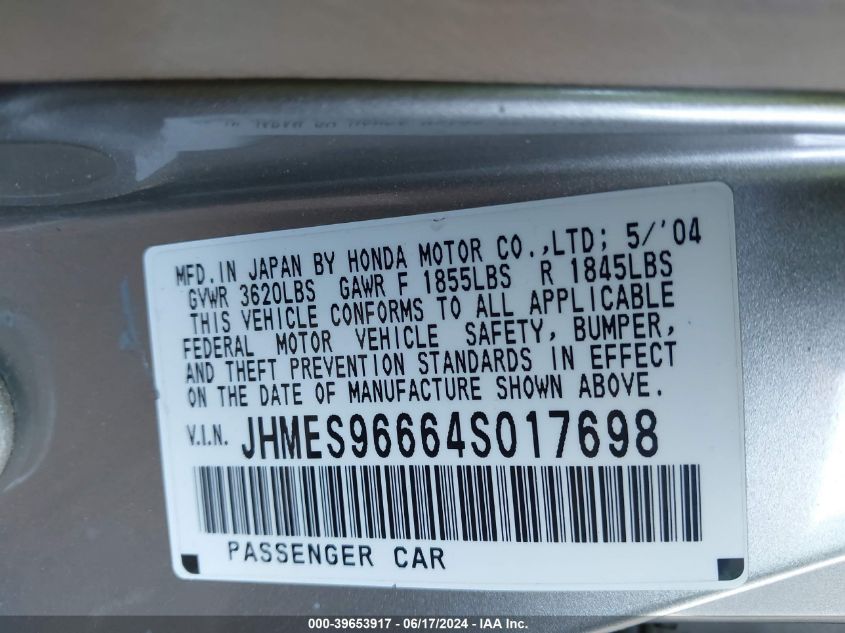 2004 Honda Civic Hybrid VIN: JHMES96664S017698 Lot: 39653917