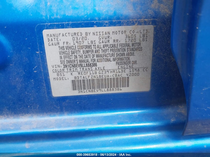 2020 Nissan Versa Sv Xtronic Cvt VIN: 3N1CN8EV9LL888386 Lot: 39653918