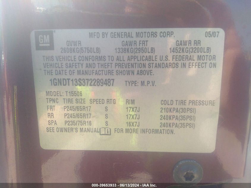 2007 Chevrolet Trailblazer Ls VIN: 1GNDT13S372289487 Lot: 39653933