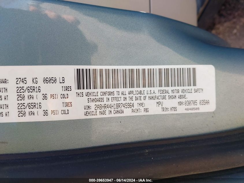 2008 Chrysler Town & Country Lx VIN: 2A8HR44H18R745964 Lot: 39653947