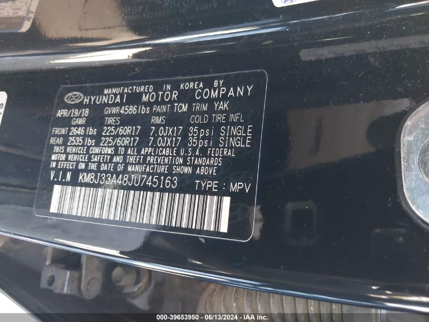 2018 Hyundai Tucson Sel Plus VIN: KM8J33A48JU745163 Lot: 39653950