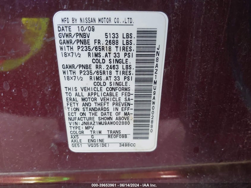 2010 Nissan Murano S VIN: JN8AZ1MU9AW002880 Lot: 39653961