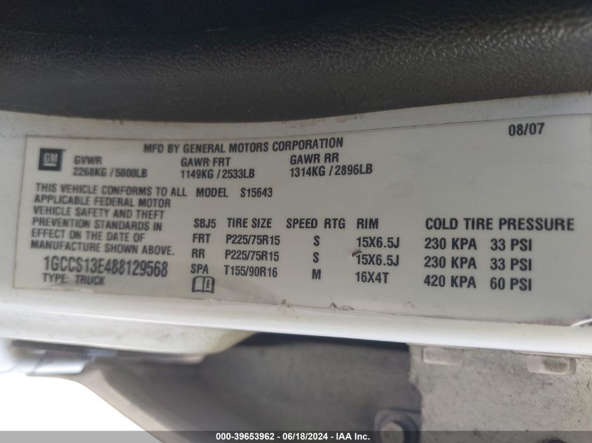 2008 Chevrolet Colorado Lt VIN: 1GCCS13E488129568 Lot: 39653962