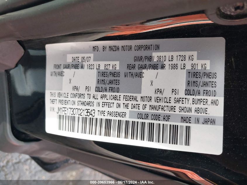2007 Mazda Rx-8 Sport VIN: JM1FE173070213543 Lot: 39653966