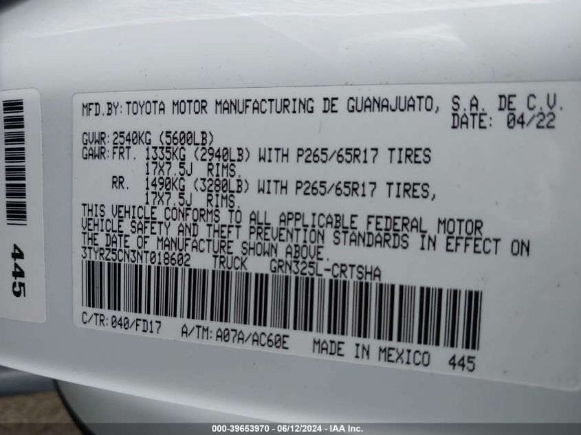 2022 Toyota Tacoma Trd Sport VIN: 3TYRZ5CN3NT018602 Lot: 39653970