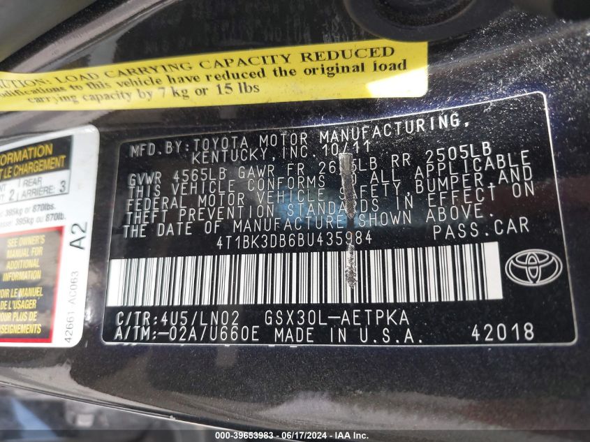 2011 Toyota Avalon Limited VIN: 4T1BK3DB6BU435984 Lot: 39653983