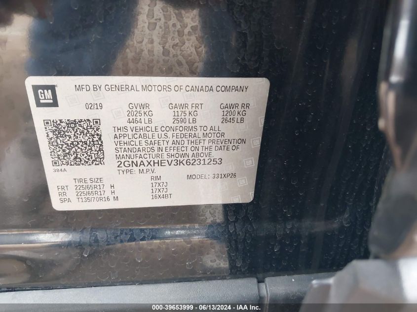 2019 Chevrolet Equinox Ls VIN: 2GNAXHEV3K6231253 Lot: 39653999