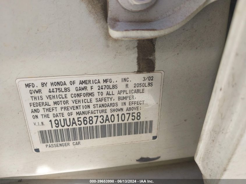 2003 Acura Tl 3.2 Type S VIN: 19UUA56873A01758 Lot: 39653998