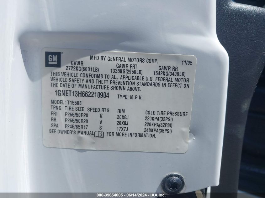 2006 Chevrolet Trailblazer Lt VIN: 1GNET13H662210904 Lot: 39654005