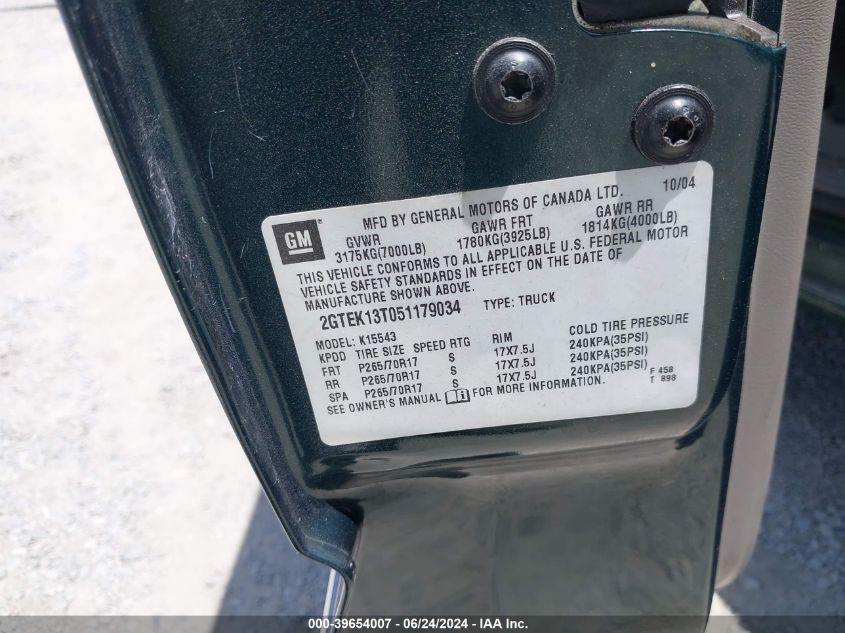 2005 GMC Sierra 1500 Slt VIN: 2GTEK13T051179034 Lot: 39654007