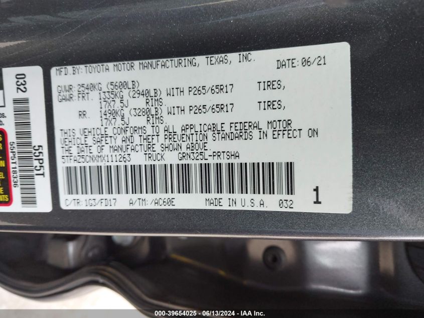 2021 Toyota Tacoma Trd Sport VIN: 5TFAZ5CNXMX111263 Lot: 39654025