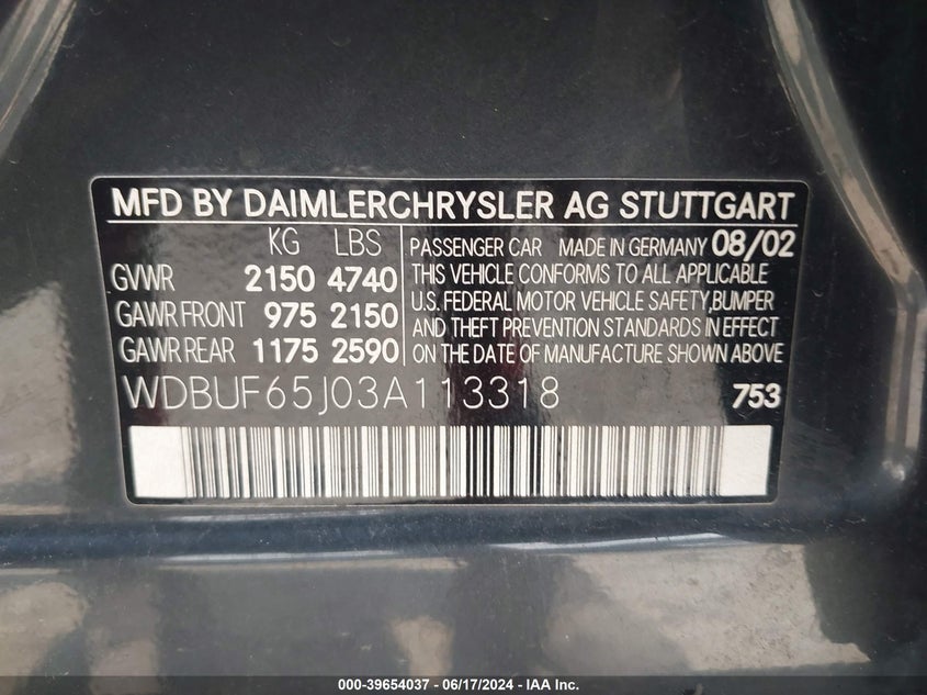 2003 Mercedes-Benz E 320 VIN: WDBUF65J03A113318 Lot: 39654037