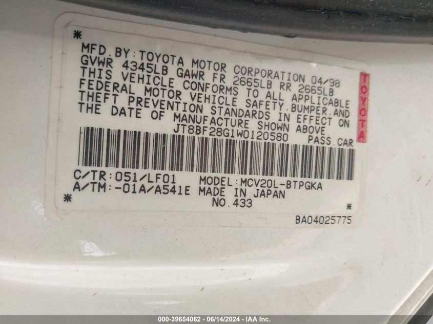 1998 Lexus Es 300 VIN: JT8BF28G1W0120580 Lot: 39654062