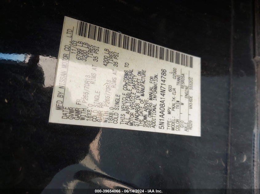 2004 Nissan Pathfinder Armada Se VIN: 5N1AA08A14N714786 Lot: 39654066