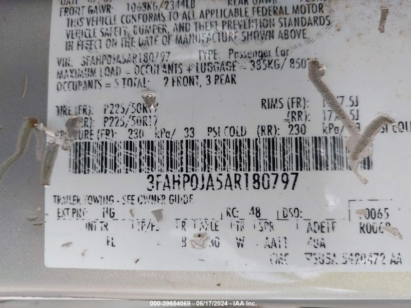 2010 Ford Fusion Sel VIN: 3FAHP0JA5AR180797 Lot: 39654069