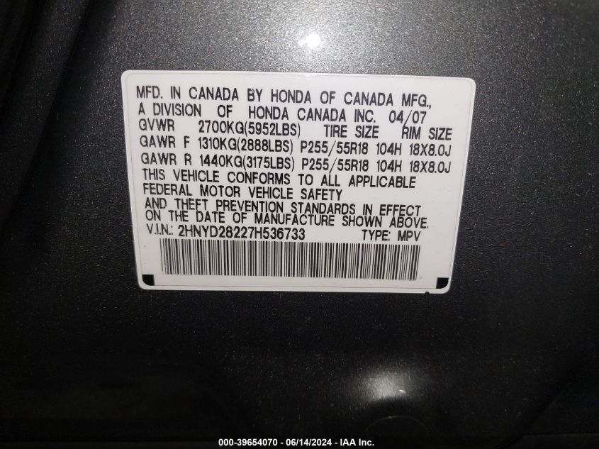 2007 Acura Mdx VIN: 2HNYD28227H536733 Lot: 39654070