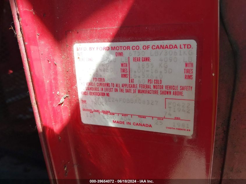 1981 Ford Econoline E250 Van VIN: 2FTEE24F0BBA08327 Lot: 39654072