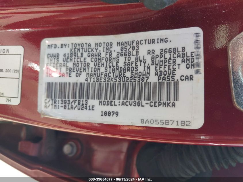 2003 Toyota Camry Le VIN: 4T1BE32K53U225307 Lot: 39654077