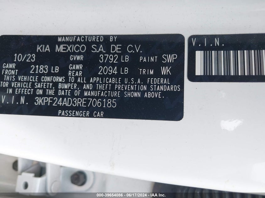 2024 KIA FORTE LX/LXS - 3KPF24AD3RE706185
