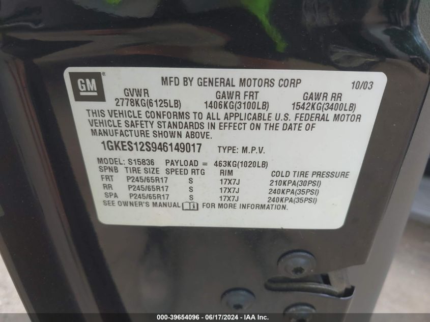 2004 GMC Envoy Xuv VIN: 1GKES12S946149017 Lot: 39654096