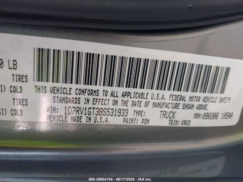 2011 Ram Ram 1500 St VIN: 1D7RV1GT3BS531933 Lot: 39654104