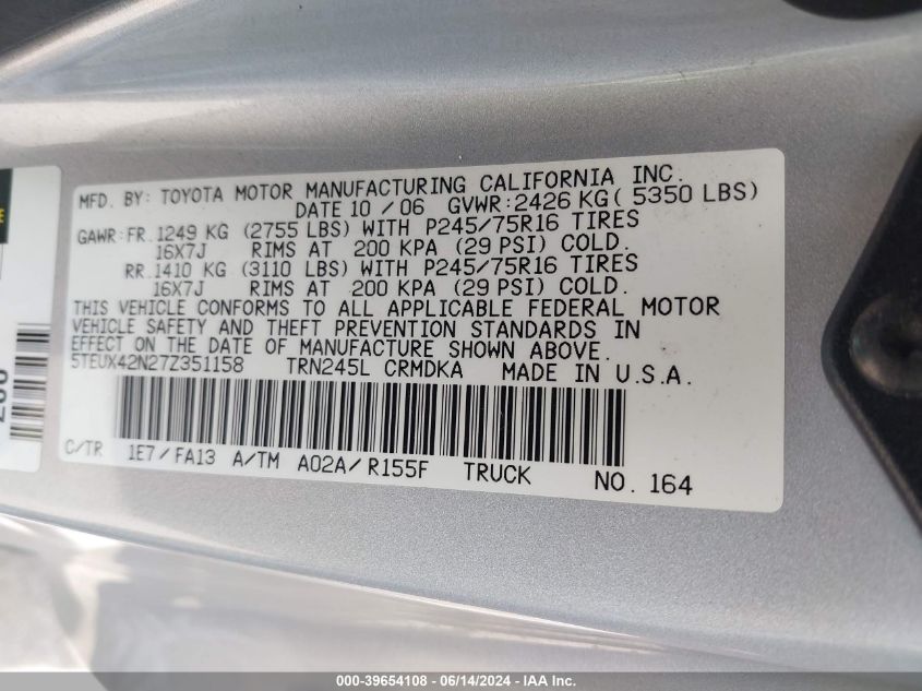 2007 Toyota Tacoma VIN: 5TEUX42N27Z351158 Lot: 39654108