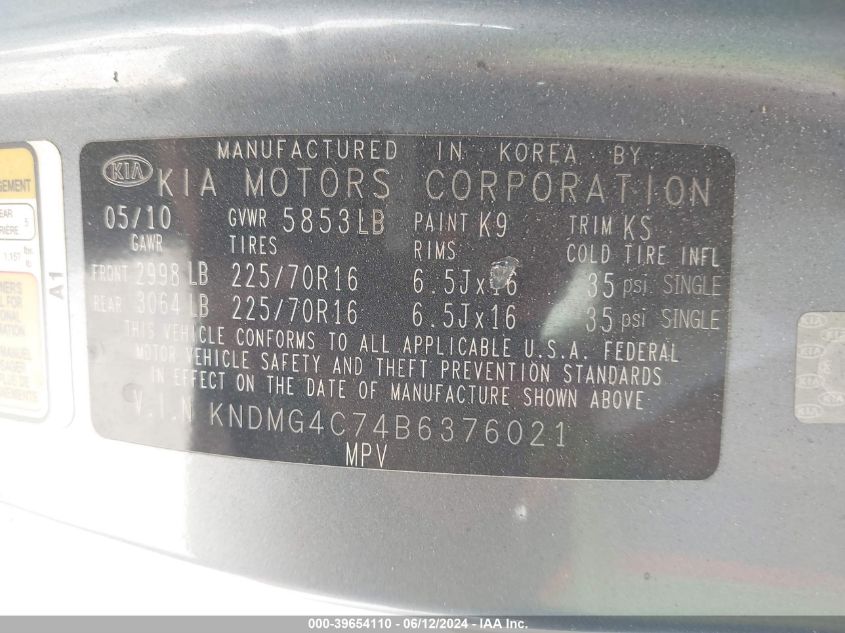 2011 Kia Sedona Lx VIN: KNDMG4C74B6376021 Lot: 39654110