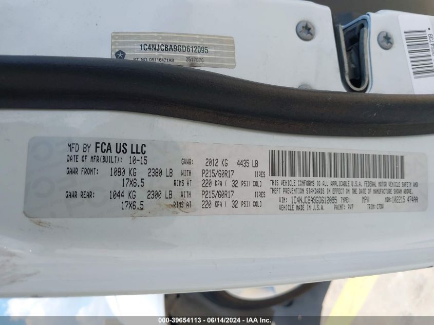 2016 Jeep Compass Sport VIN: 1C4NJCBA9GD612095 Lot: 39654113