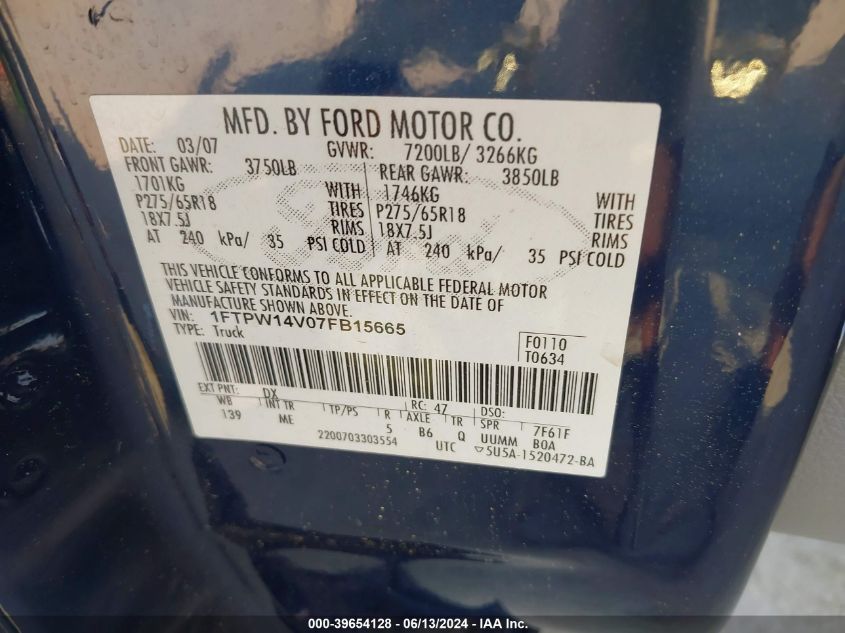 2007 Ford F-150 Fx4/Lariat/Xlt VIN: 1FTPW14V07FB15665 Lot: 39654128