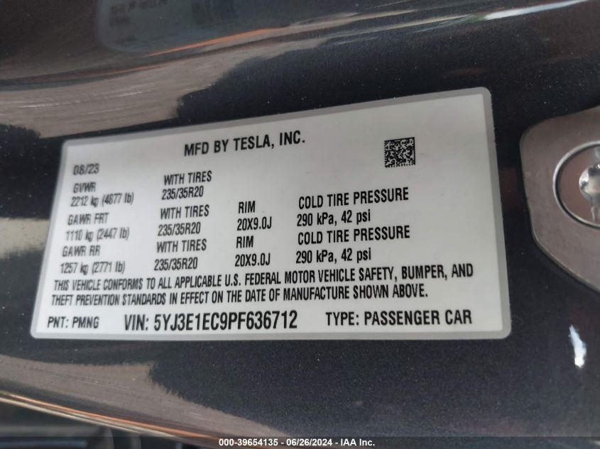 2023 Tesla Model 3 Performance Dual Motor All-Wheel Drive VIN: 5YJ3E1EC9PF636712 Lot: 39654135