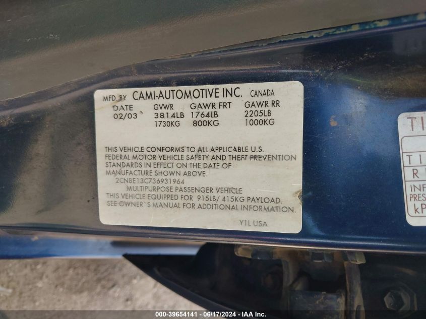 2003 Chevrolet Tracker Hard Top Base VIN: 2CNBE13C736931964 Lot: 39654141