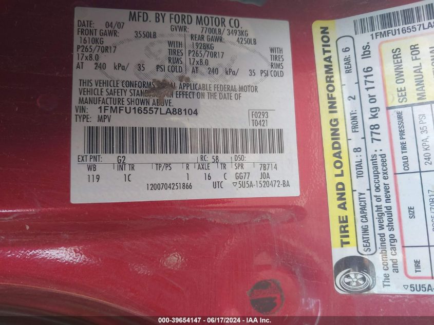 2007 Ford Expedition Xlt VIN: 1FMFU16557LA88104 Lot: 39654147