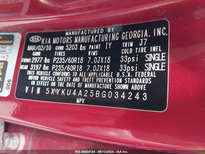 2011 Kia Sorento Ex V6 VIN: 5XYKU4A25BG034243 Lot: 39654154