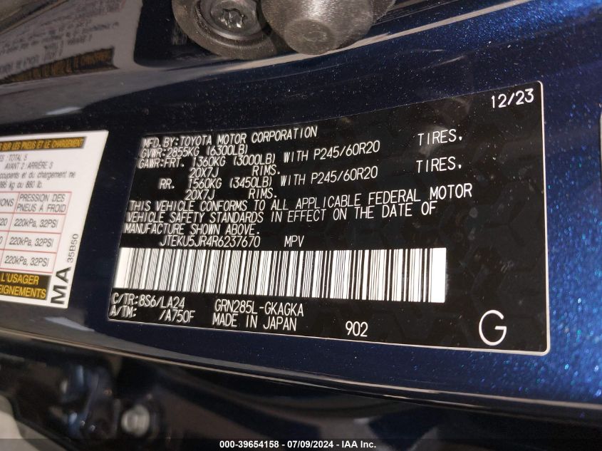 2024 Toyota 4Runner Limited VIN: JTEKU5JR4R6237670 Lot: 39654158