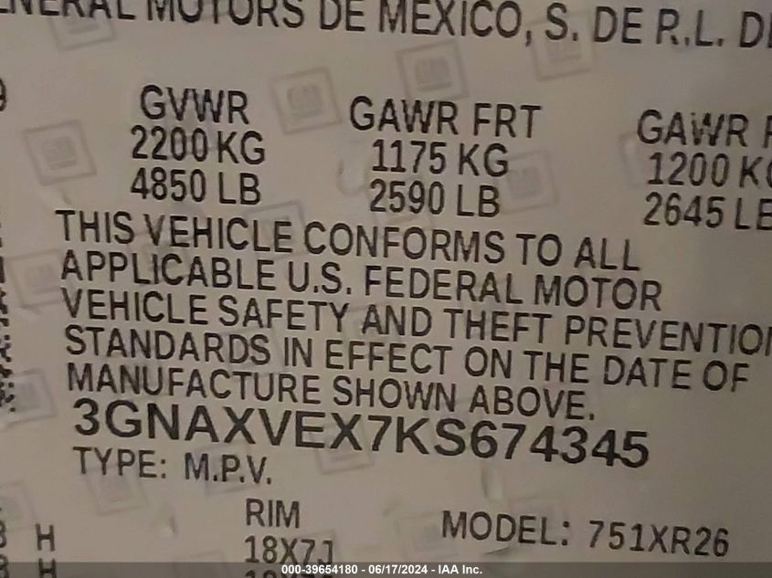 2019 Chevrolet Equinox Lt VIN: 3GNAXVEX7KS674345 Lot: 39654180