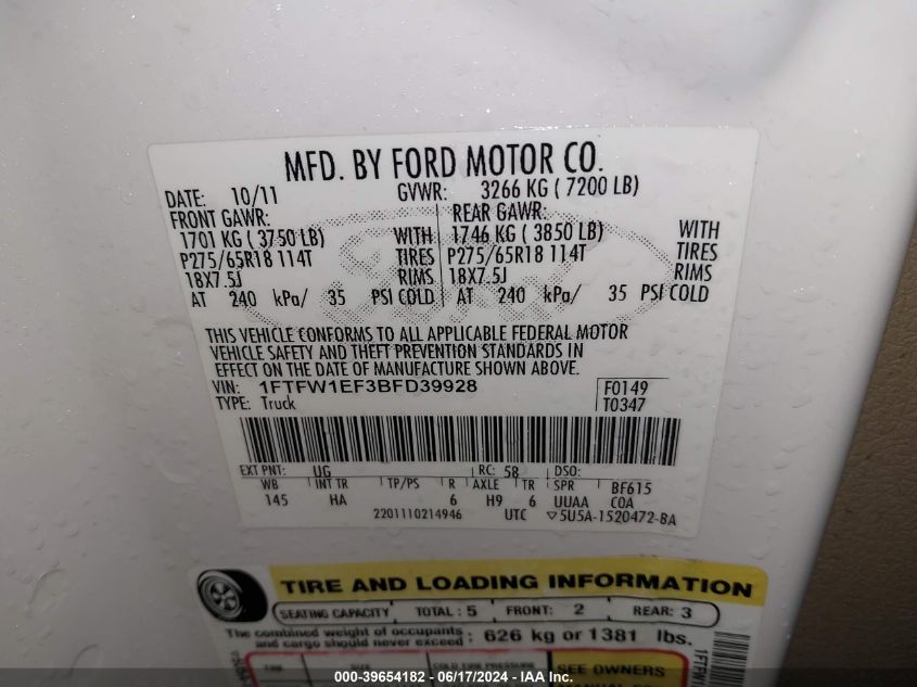 2011 Ford F-150 Lariat VIN: 1FTFW1EF3BFD39928 Lot: 39654182