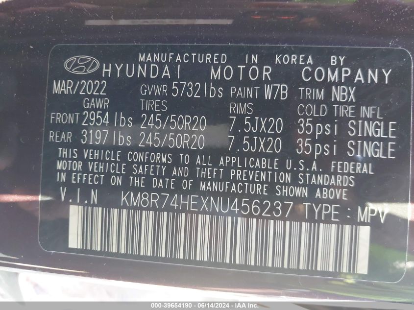 2022 Hyundai Palisade Calligraphy VIN: KM8R74HEXNU456237 Lot: 39654190