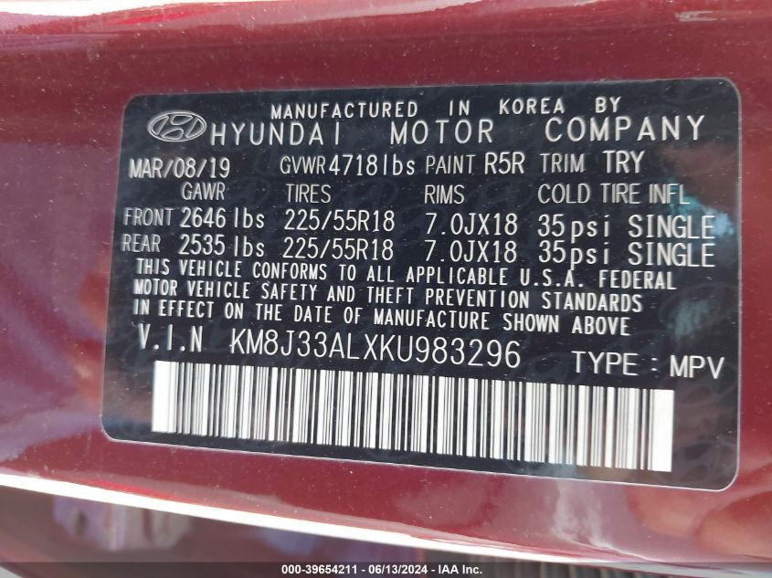 2019 Hyundai Tucson Sel VIN: KM8J33ALXKU983296 Lot: 39654211