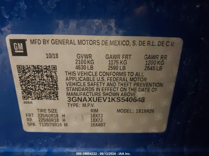 2019 Chevrolet Equinox Lt VIN: 3GNAXUEV1KS540648 Lot: 39654222