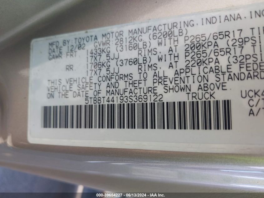 2003 Toyota Tundra Sr5 V8 VIN: 5TBBT44193S369122 Lot: 39654227