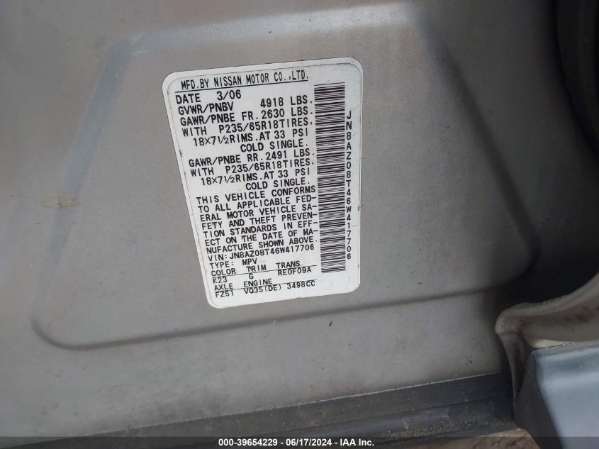 2006 Nissan Murano S VIN: JN8AZ08T46W417706 Lot: 39654229