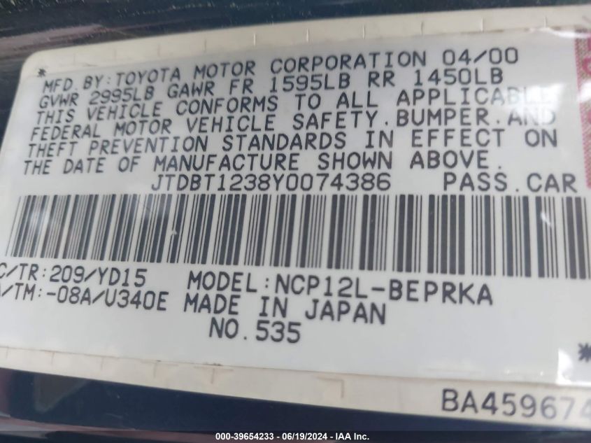 2000 Toyota Echo VIN: JTDBT1238Y0074386 Lot: 39654233