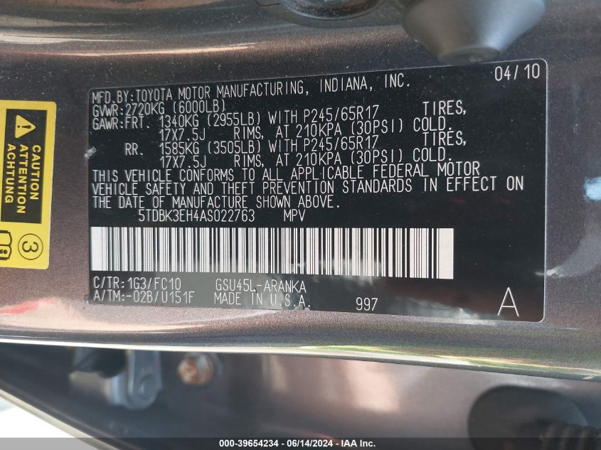 2010 Toyota Highlander Base V6 VIN: 5TDBK3EH4AS022763 Lot: 39654234