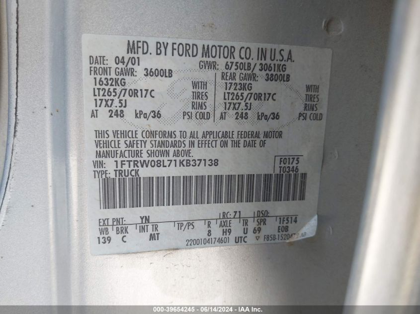 2001 Ford F-150 King Ranch Edition/Lariat/Xlt VIN: 1FTRW08L71KB37138 Lot: 39654245