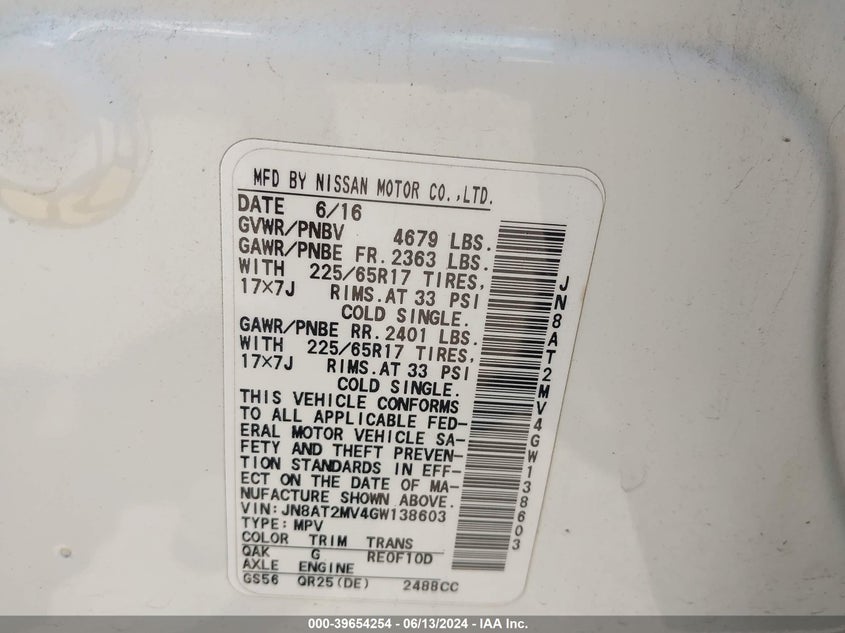 2016 Nissan Rogue S VIN: JN8AT2MV4GW138603 Lot: 39654254