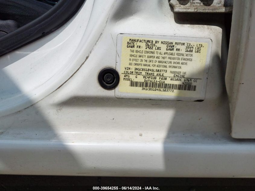 2005 Nissan Sentra 1.8S VIN: 3N1CB51D45L583773 Lot: 39654255