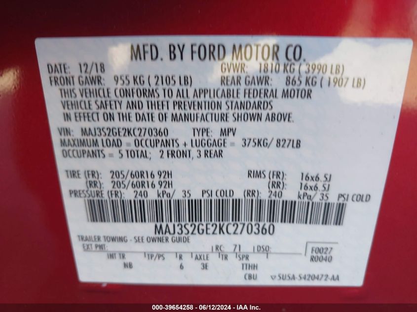 2019 Ford Ecosport Se VIN: MAJ3S2GE2KC270360 Lot: 39654258