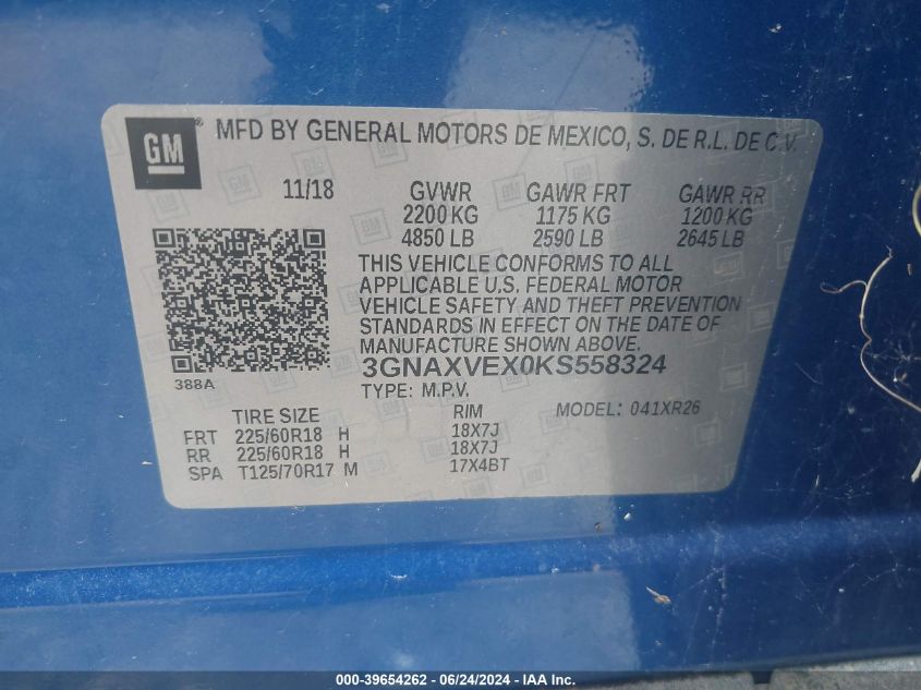 2019 Chevrolet Equinox Lt VIN: 3GNAXVEX0KS558324 Lot: 39654262