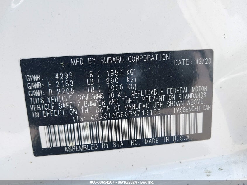2023 Subaru Impreza Base 5-Door VIN: 4S3GTAB60P3719139 Lot: 39654267
