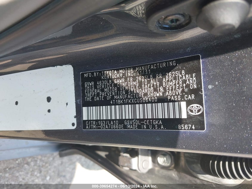 2012 Toyota Camry Xle V6 VIN: 4T1BK1FKXCU506400 Lot: 39654274